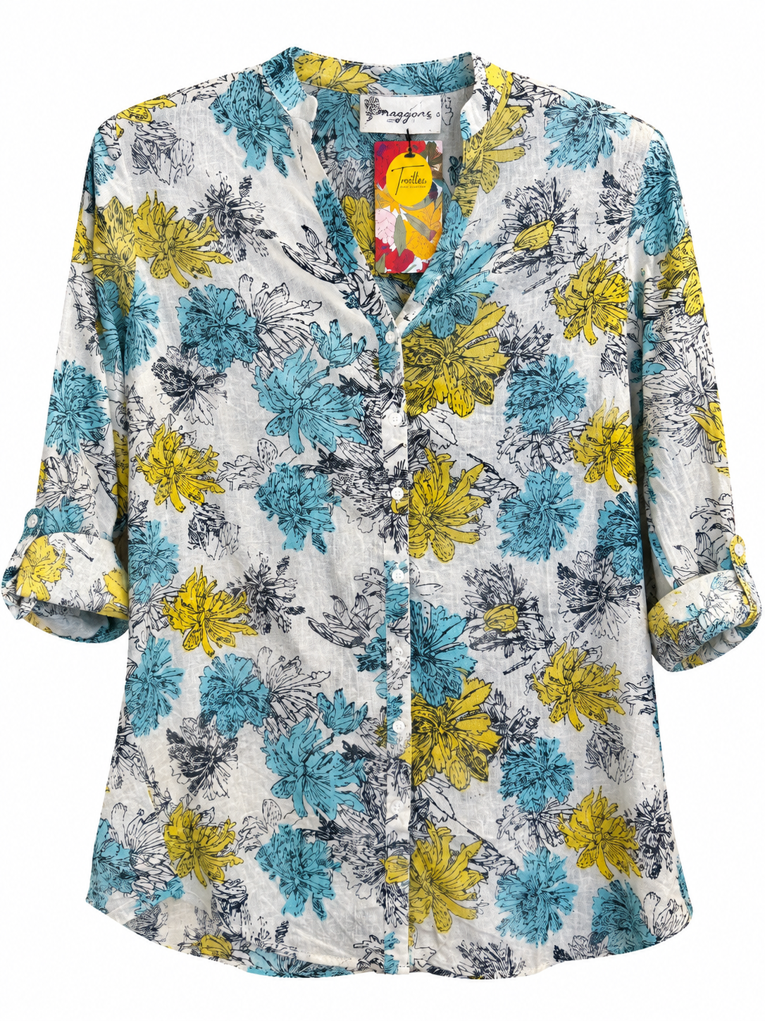 Trestles Clothing Company button front blouse in white cotton with a yellow and blue floral boho print
